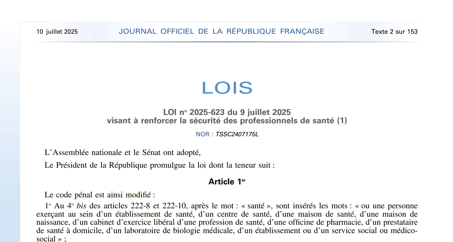Loi visant à renforcer la sécurité des professionnels de santé